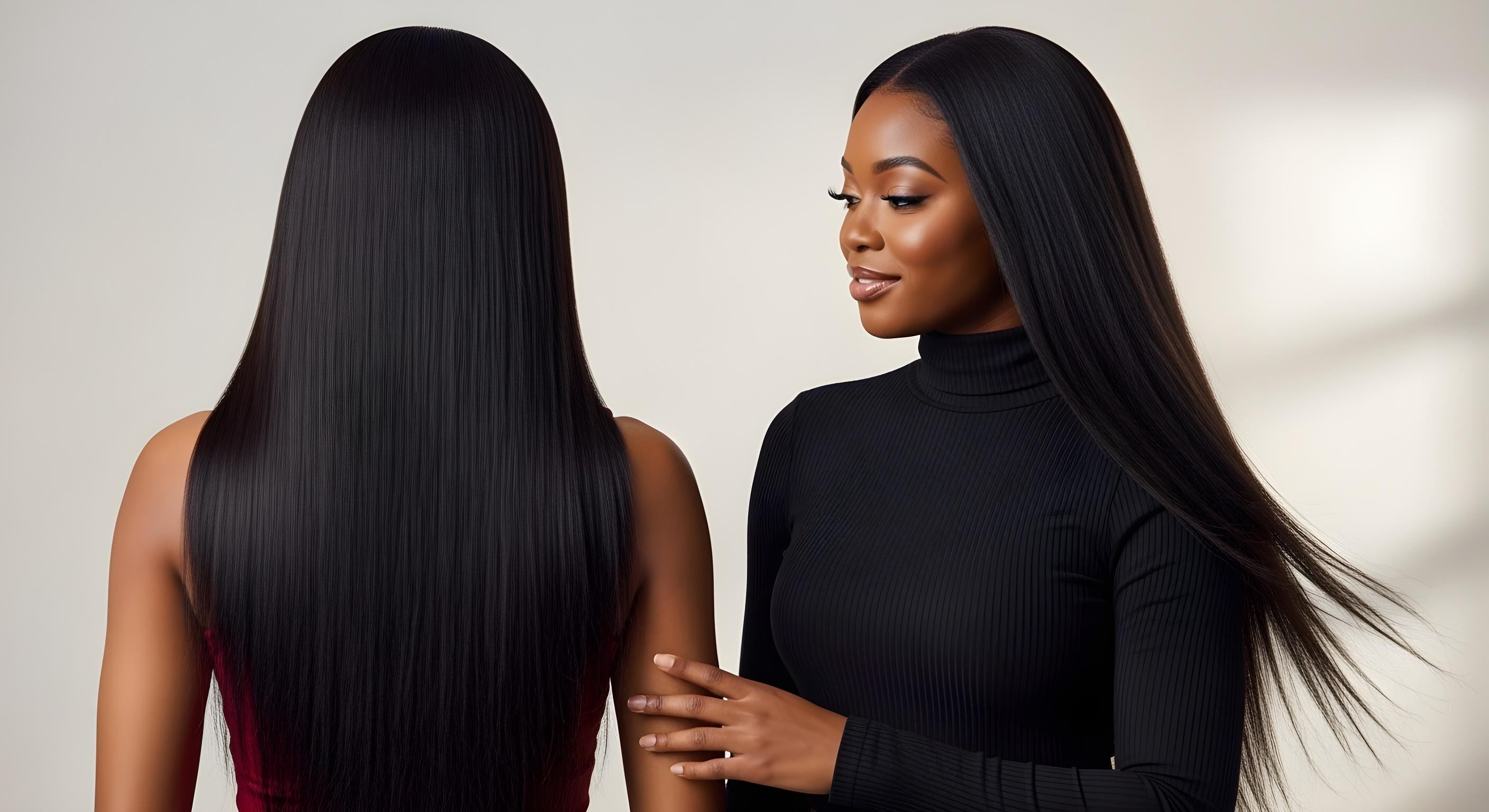 Woman with long, straight hair showing it from different angles against a neutral background